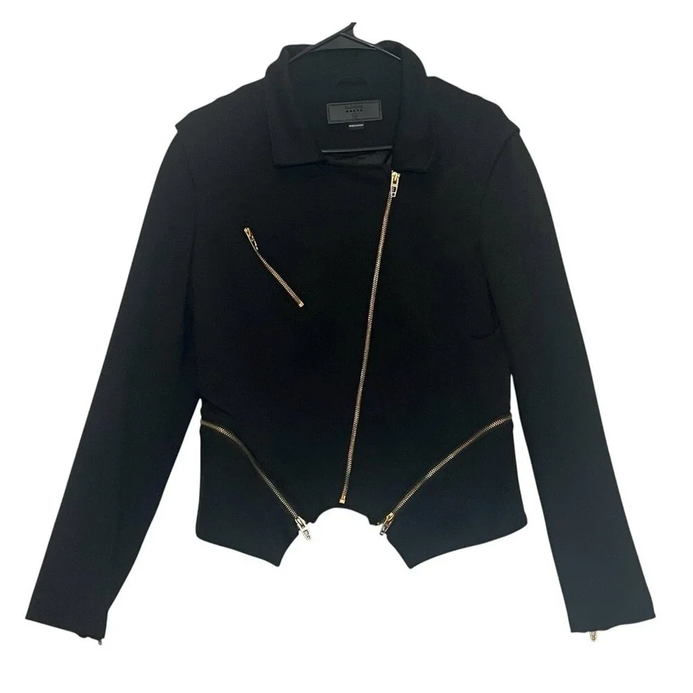 BLANKNYC Women Jacket Denim Psychopath Ponte Moto Size Medium Black Gold Stretch - Picture 3 of 12